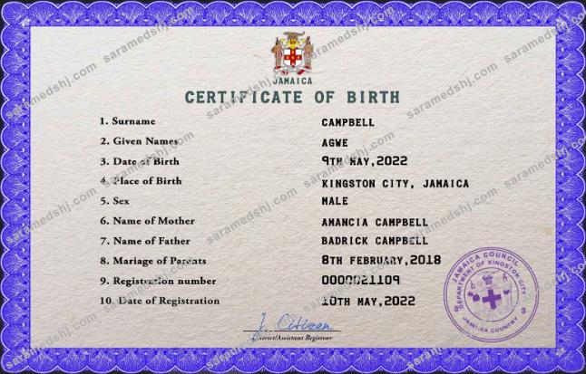 Jamaica vital record birth certificate PSD template